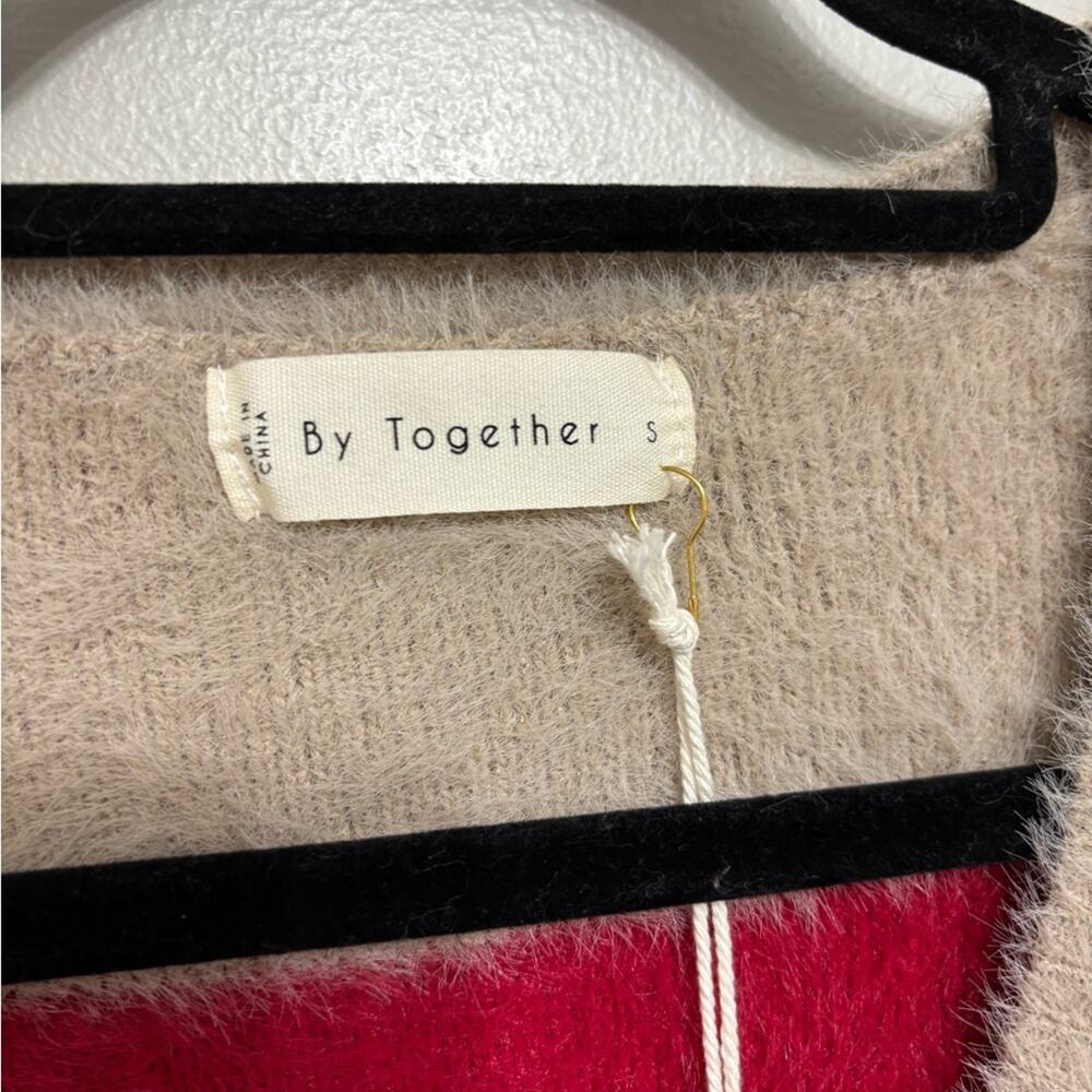 NWT By Together Striped Fuzzy Knit V-Neck Sweater in Red and Taupe - Size S - Picture 5 of 7